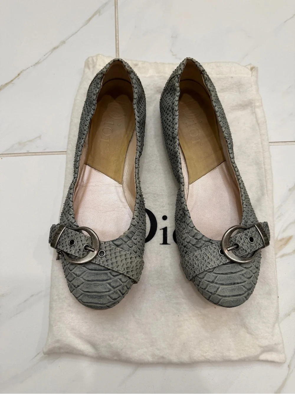 Y2K Vintage Dior Blue Snakeskin Ballet Flats